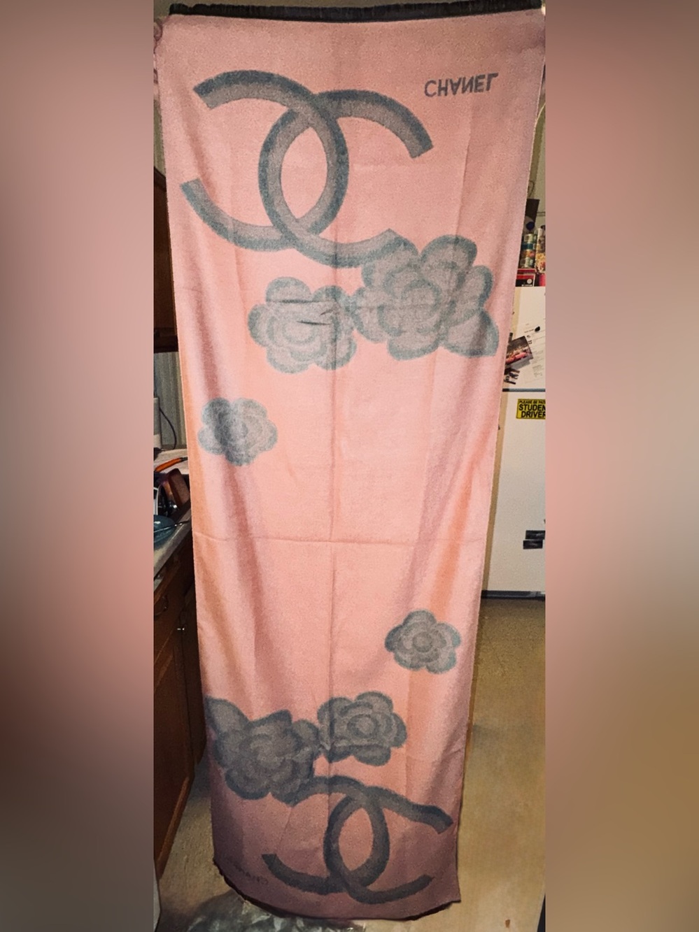 Vintage Chanel Cashmere/Silk Blend CC Logo Camellia Wrap in Grey/Pink 72”x26” - Picture 6 of 15